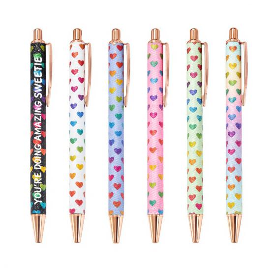 6Pcs Ballpoint Pen Retractable Heart Pattern Metal Click Pen with 1.0mm Fine Tip Smooth Writing Black Ink Pen for Teens Adults