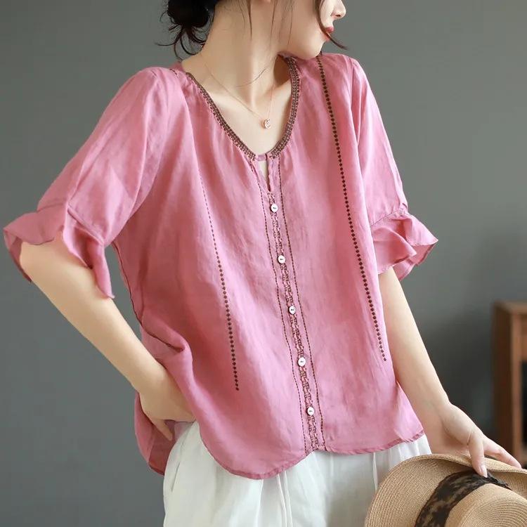 Cotton and Linen Literary Retro Five-point Sleeve Cotton Linen V-neck T-shirt for Women Loose Slim and Versatile Embroidered Top