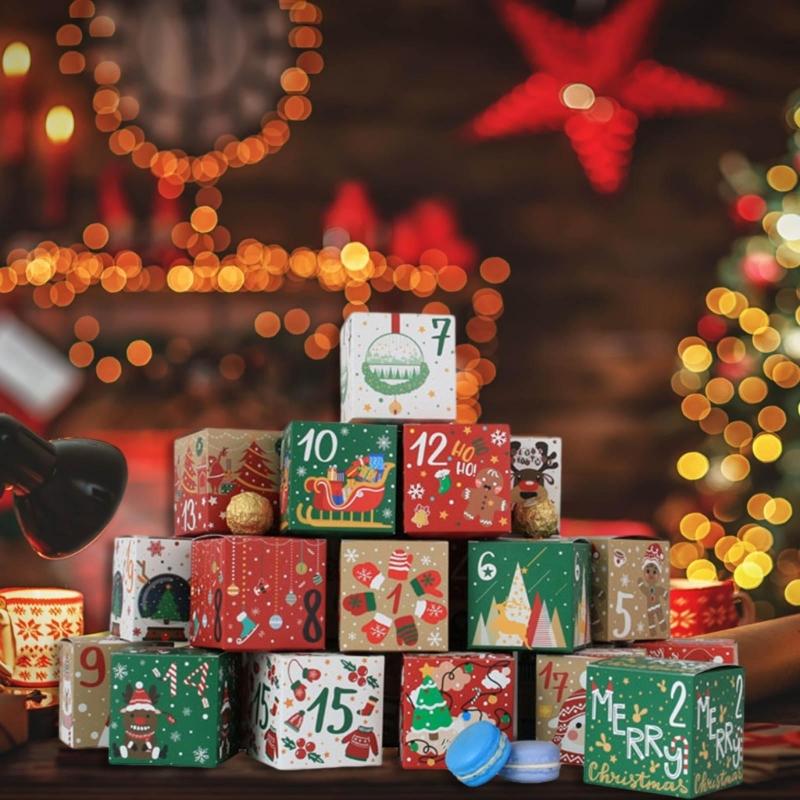 24pcs Christmas Advent Calendar Candy Box Santa Countdown Paper Gift Box 1-24 Number Christmas Gift Packaging Box Decor