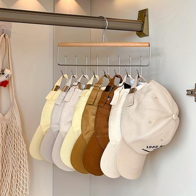 1pc Versatile Wooden Hat Organizer Rack with Hooks – Ideal for Caps, Belts, Ties, and Accessories Storage – Space-Saving