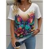 Casual V-Neck Women's T-shirt Summer Outdoor Fashion Short Sleeve Tops Floral Print Butterfly Pattern Plus Size Women's Clothing