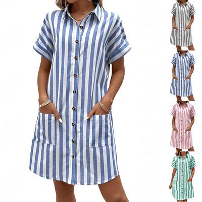 Women's Striped Shirt Dress Short Sleeve Button Front Casual Loose Fit Dress With Pockets