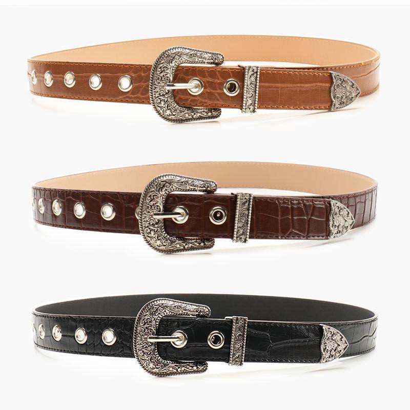 Womens Retro Alloy Belt Set With Embossed Buckle For Casual And Office Wear