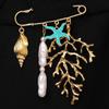 Gold Color Shell Pendant Brooch Metal Chain Tassel Starfish Brooch Pin  Beach Vacation