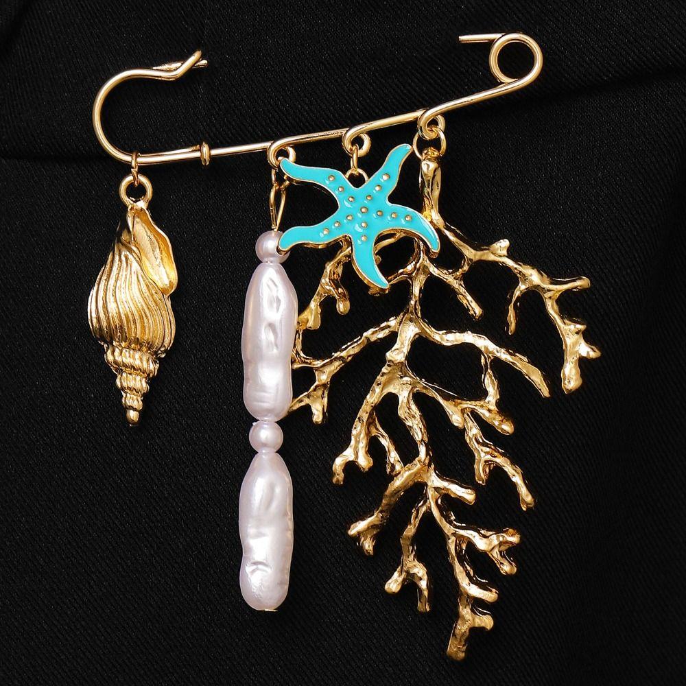 Gold Color Shell Pendant Brooch Metal Chain Tassel Starfish Brooch Pin  Beach Vacation