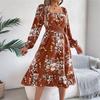 Women's Fashion Floral Print Square Neck Long Sleeve Waisted Ruffled A-Line Skirt