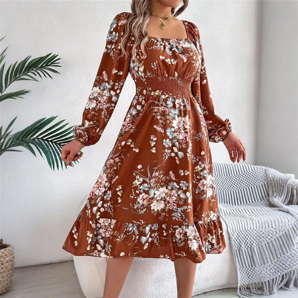 Damska Moda Kwiatowy Nadruk Kwadratowy Dekolt Długi Rękaw Talia Zmarszczona Spódnica A-Line