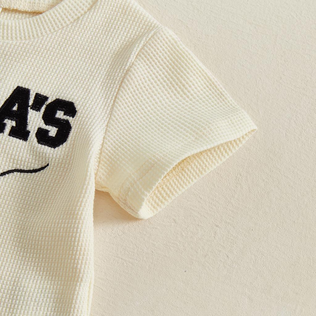 Toddler Boys Summer Outfits Letter Embroidered Waffle Short Sleeve T-Shirts Elastic Waist Shorts 2Pcs Clothes Set