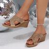 Fashion Rhinestone Decor Wedge Sandals for Women Summer 2025 Fashion Non Slip Beach Slippers Woman Comfortable Slip On Platform Sandals