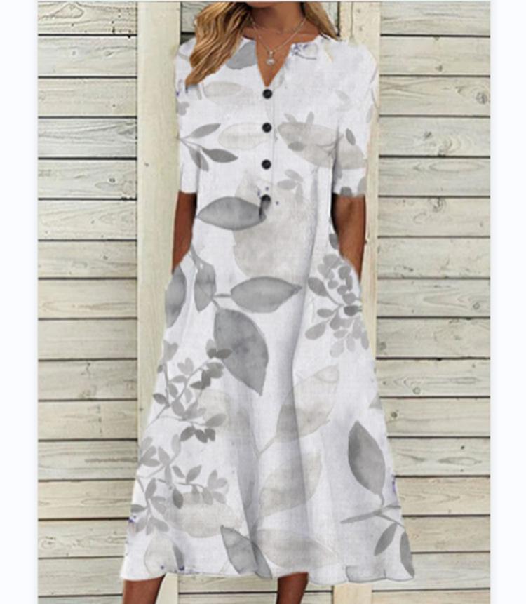 Floral Print V-Neck Mid-Sleeve Casual Dress with Pockets, Button Front, Loose Fit - White/Light Blue/Pink