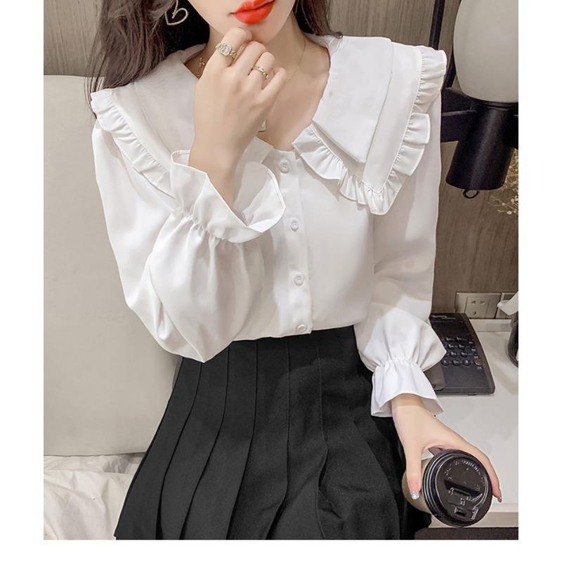 Solid Color Shirt for Women Spring Autumn New Design Sweet Fungus Edge Doll Collar Long-sleeved Top