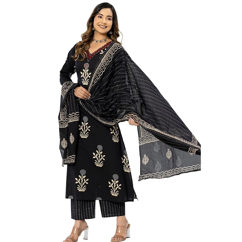 rytras Women s Cotton Printed Straight Kurta with Pant and Dupatta Set(RYT560,Black,3XL) L