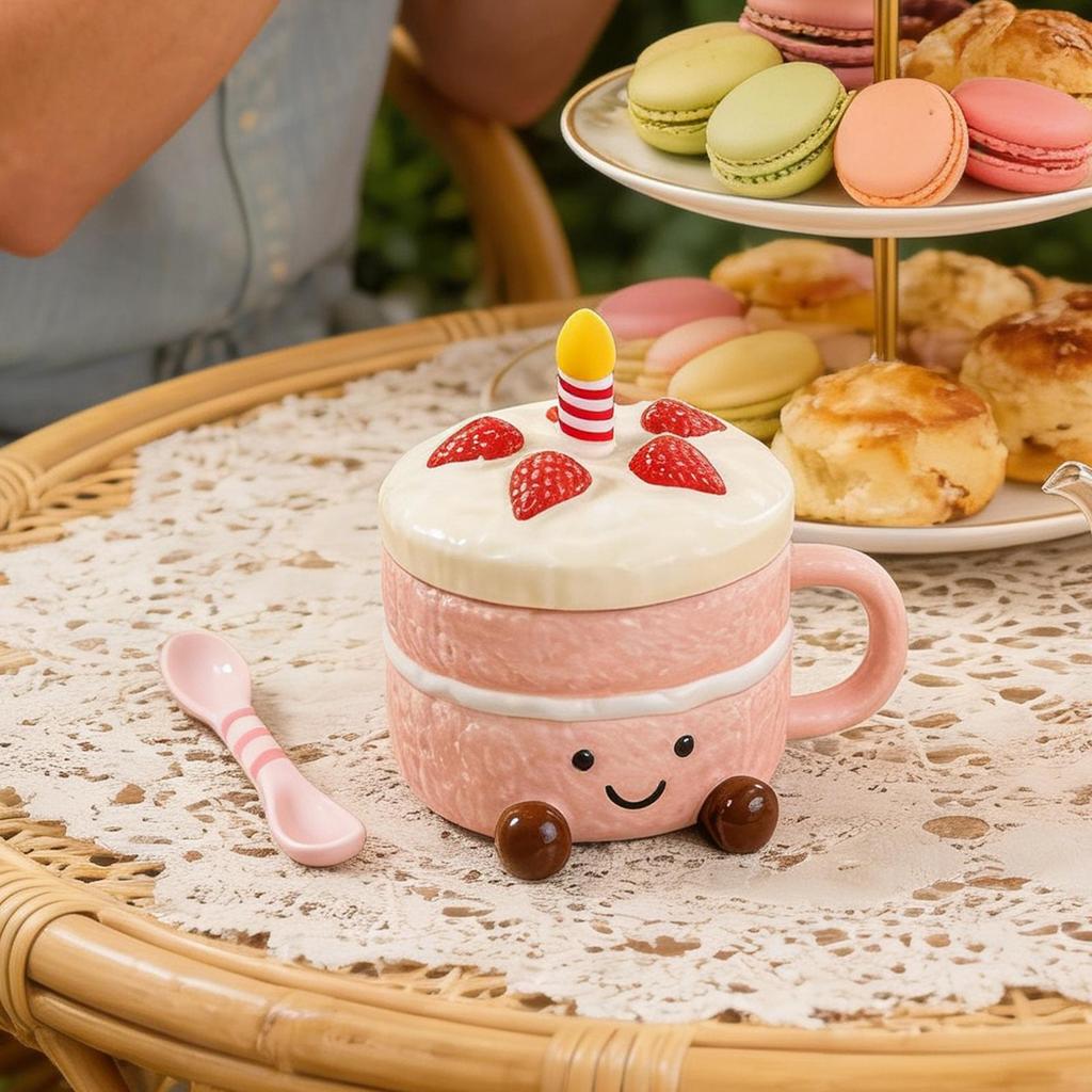 Novelty Coffee Mugs Ceramic 400ml With Lid Spoon Feet Cake Shaped Aesthetic Mug Tea Cup For Women Christmas Birthday Valentines