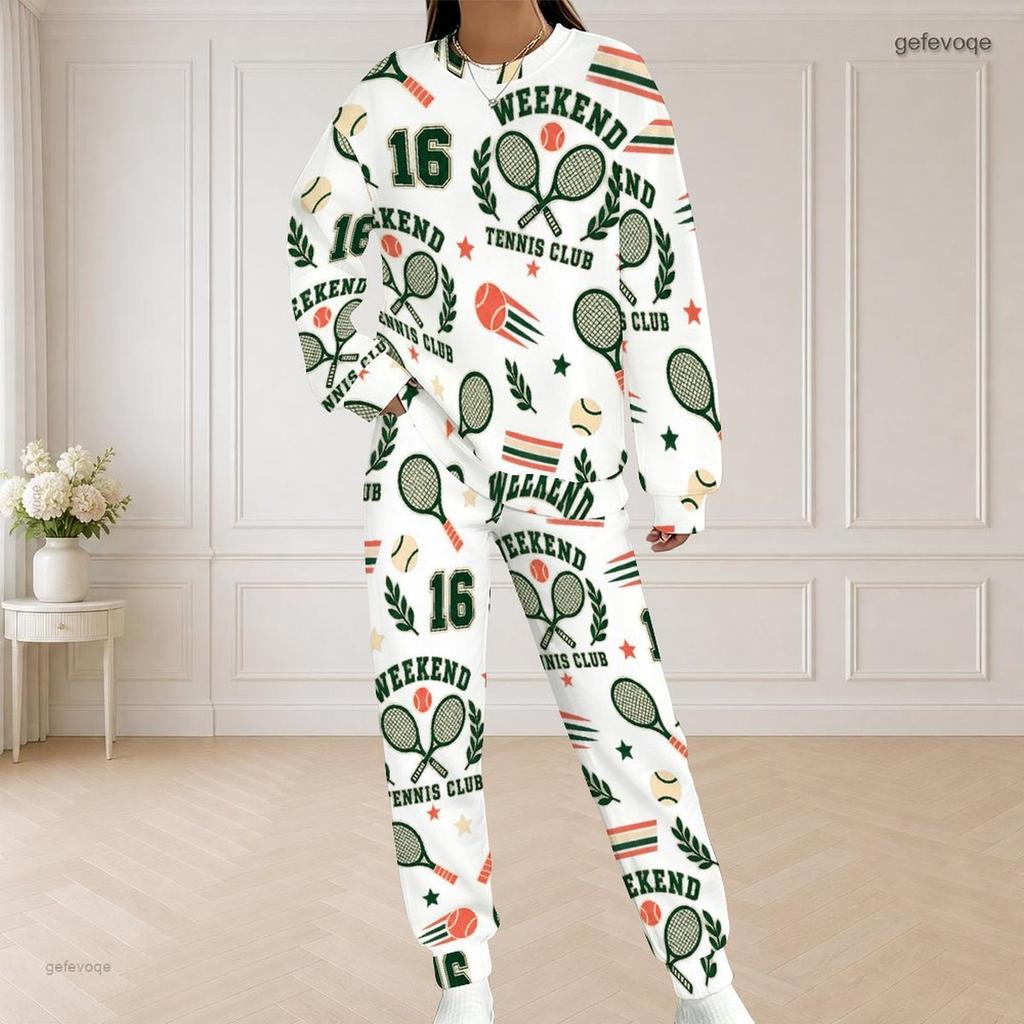 Women Plus Size White Sailboat Printed Round Neck Long Sleeve Top And Pants Two Piece Set