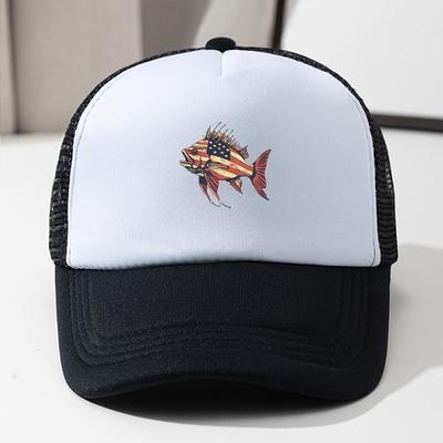 American Flag Fish Print Trucker Hat Unisex Polyester Mesh Snapback Casual Adjustable Cap