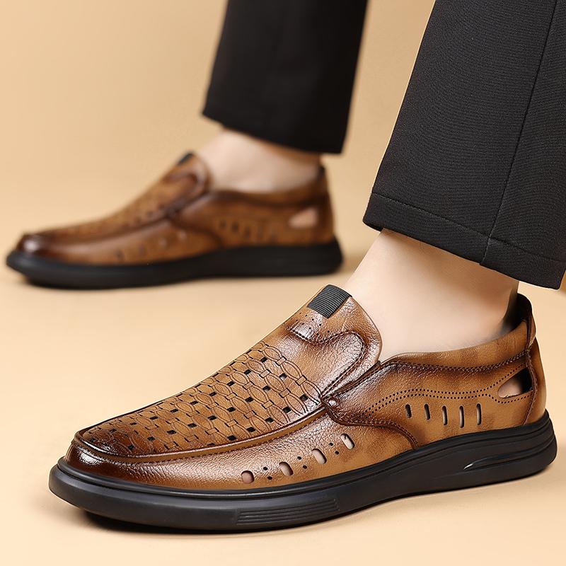 Fashion Summer Brand Men's Comfortable Soft Soled Casual Leather Shoes Popular Men's Breathable and Versatile Hollow Out Casual Shoes