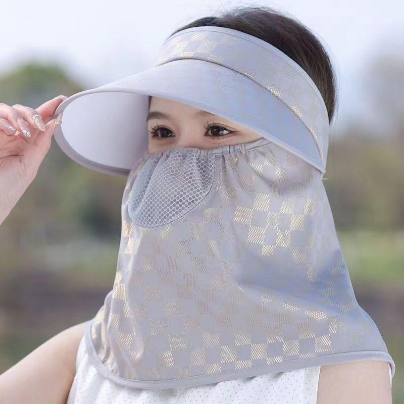 Summer Plaid Breathable Mask, Tea Picking Cap, UV Protection, Full Face Covering, Cycling Cap, Outdoor Large Brim, Empty Top Hat.