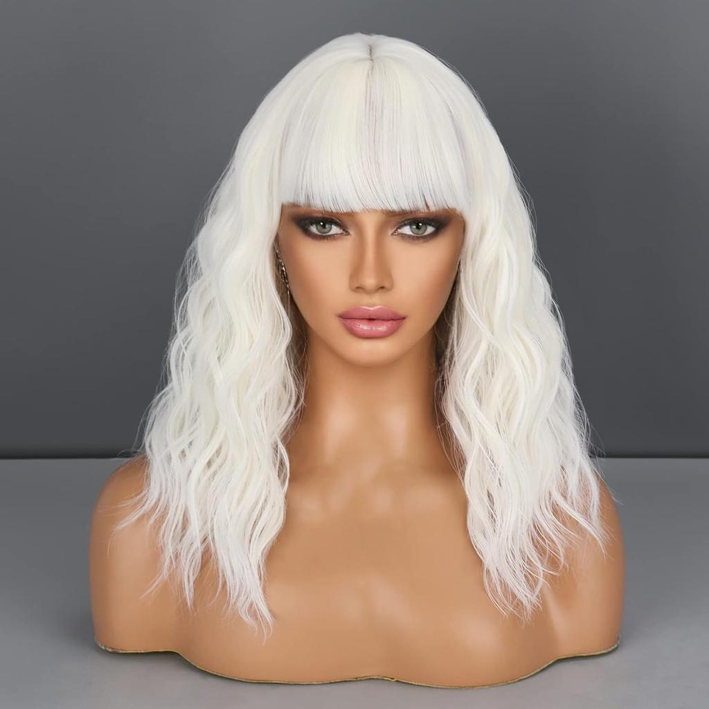 Short Pink Wigs for Women Short Wavy Light Pink Wigs with Bangs