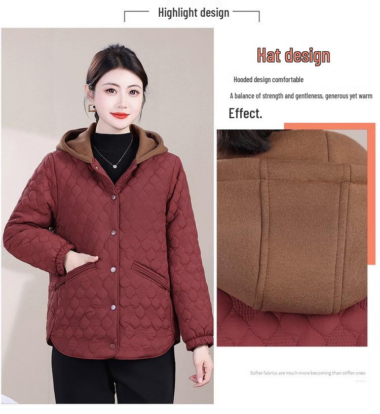 2025 Autumn/Winter Women's Diamond Pattern Hooded Cotton Coat - Warm Color Block Jacket for Middle-aged and Elderly Mothers