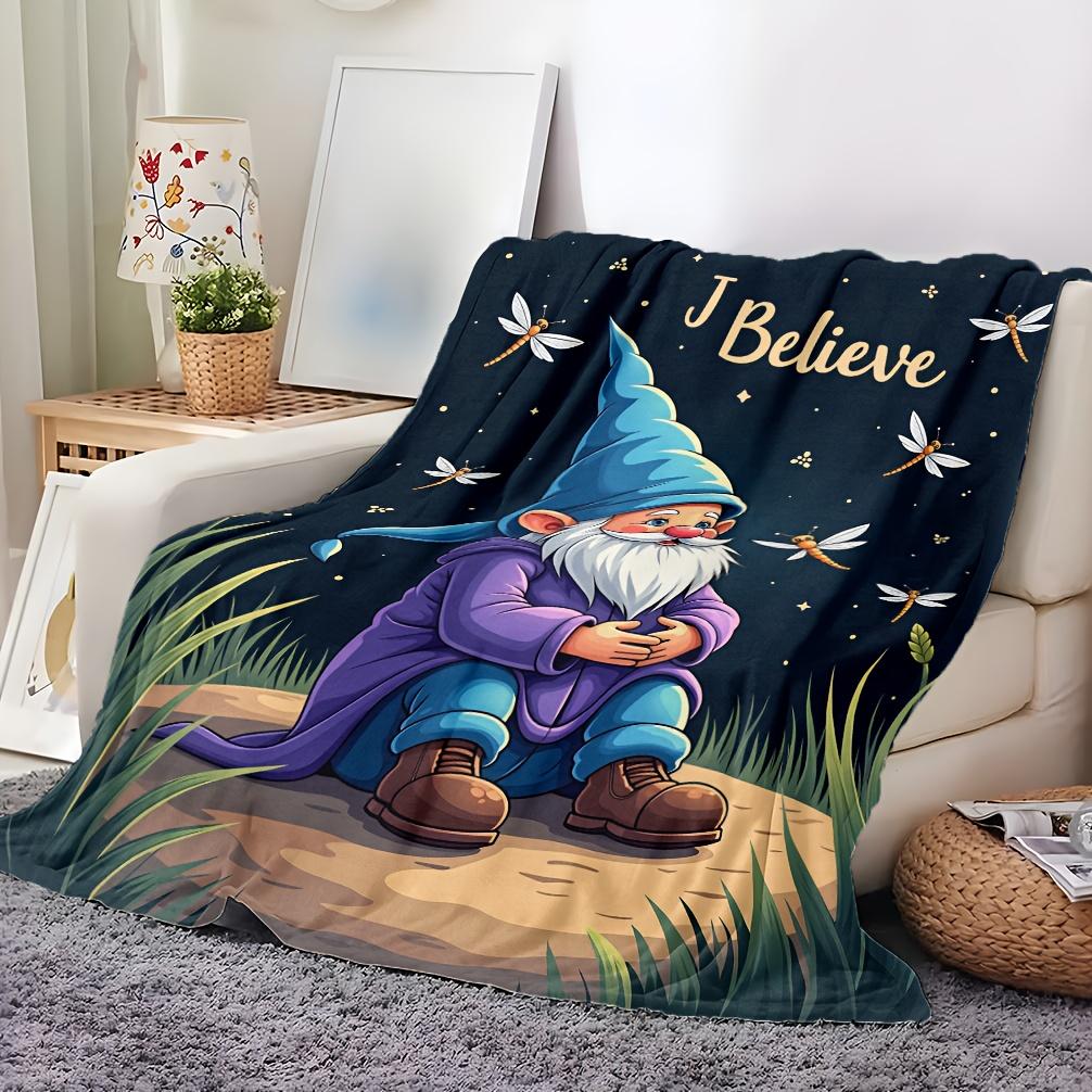 1pc Cozy Gnome & Fairy Magical Forest Fleece Blanket - Soft Polyester All-Season Bedspread with Glowing Fairy Lights & Joll