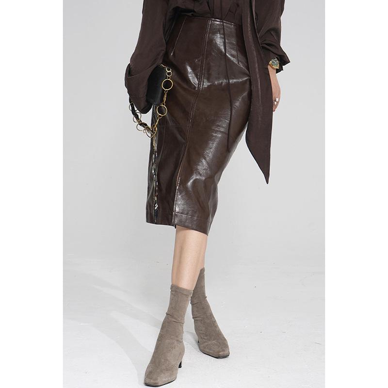 Pre-Owned Elegant Tie-Dye Brown Leather Mid-Length Hip-Hugging Skirt - Spring 2026 Arrival M