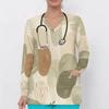 Women Plus Size Multicolor Printed V Neck Long Sleeve Scrub Top With Front Pockets