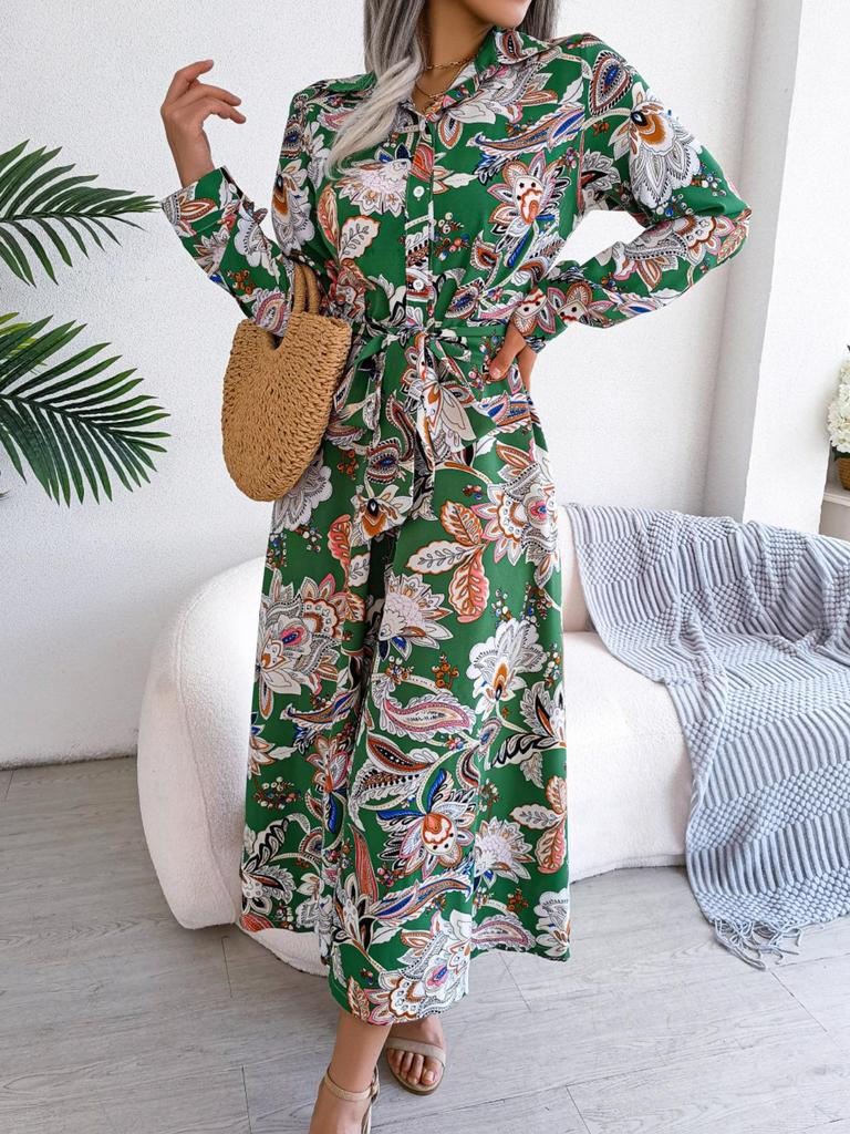 Turndown Collar Print Flower Button Dress High Waist Elegant  Shirt Dress for Women Long Sleeve Loose Dresses Causal Dress