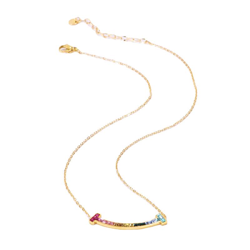 Damen Titan Regenbogen Zirkon Anhänger Halskette, All-Match Metall Pulloverkette, Nischen Modeaccessoire