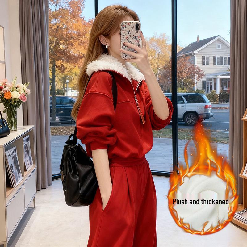 Tuta sportiva casual da donna invernale rossa 2025: Completo due pezzi con felpa spessa in velluto e pantaloni a gamba larga