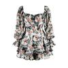 Women's Floral Print Square Neck Long Sleeve Jumpsuit with Zipper, Self-Tie Belt and Ruffle Hem