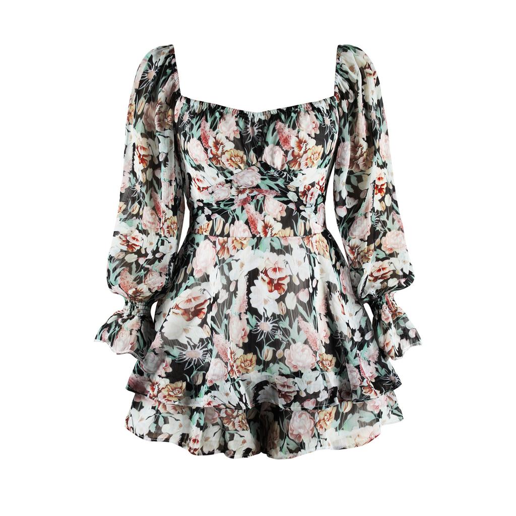 Women's Floral Print Square Neck Long Sleeve Jumpsuit with Zipper, Self-Tie Belt and Ruffle Hem