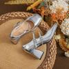 Square Head French Silver High-heeled Mary Jane Shoes One-button Rhinestone Thick-heeled Single Shoes for Female High School Students, Beautiful High