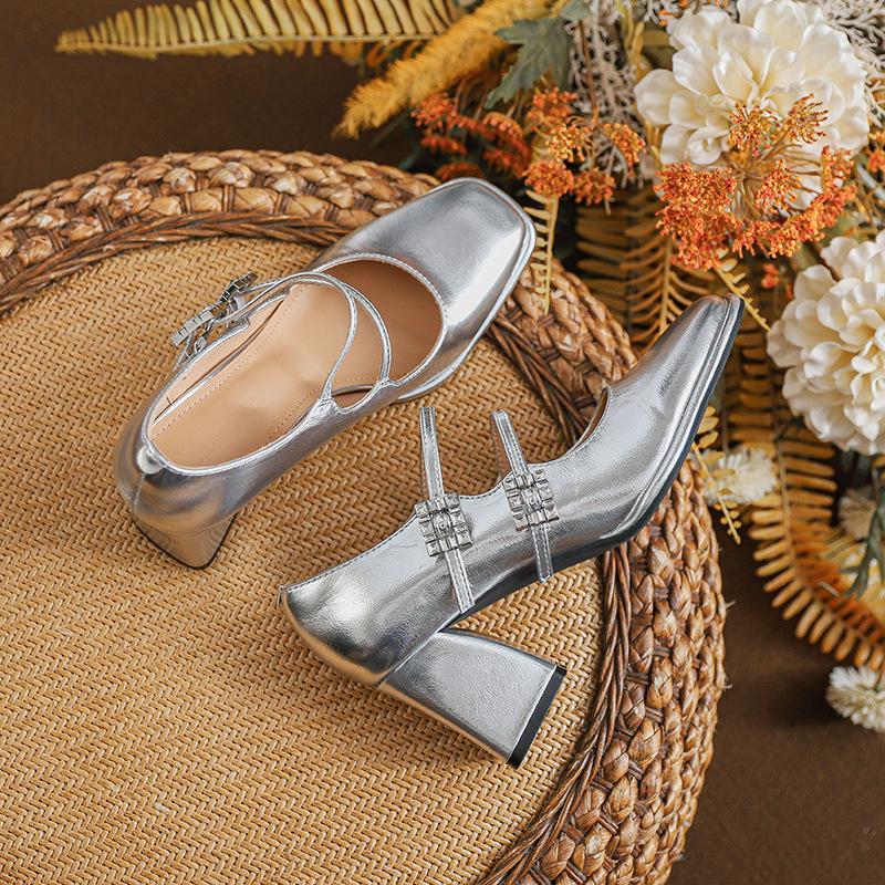 Square Head French Silver High-heeled Mary Jane Shoes One-button Rhinestone Thick-heeled Single Shoes for Female High School Students, Beautiful High