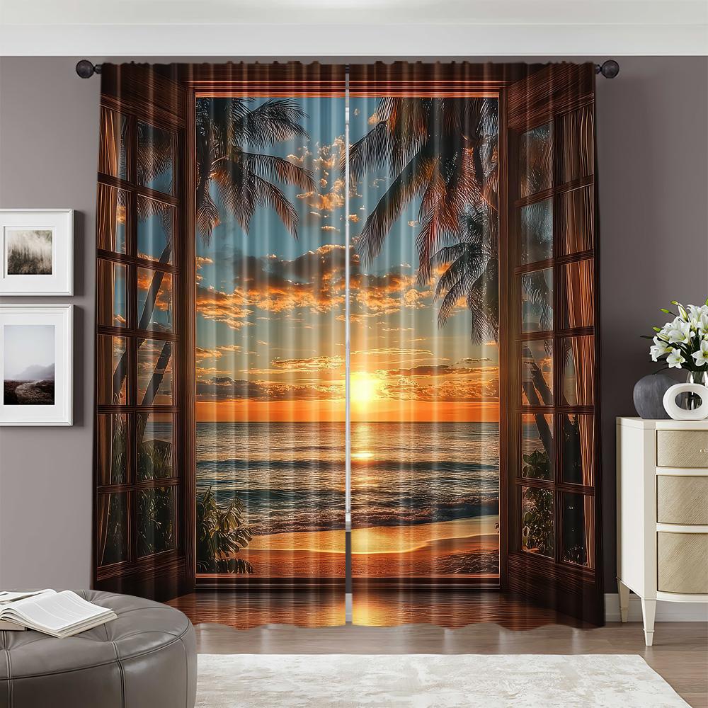 Set Of 2 Flat Printing Drapes Sunset Beach View Window Image Protecting Privacy Family Party Decoration Use Carnival Decor Curtain Polyester
