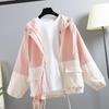 Women's Spring and Autumn Long-sleeved Zipper Jacket Patchwork Color Loose Hooded Baseball Suit