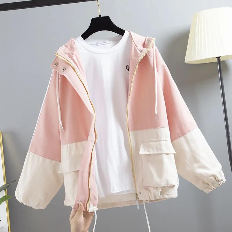 Women's Spring and Autumn Long-sleeved Zipper Jacket Patchwork Color Loose Hooded Baseball Suit