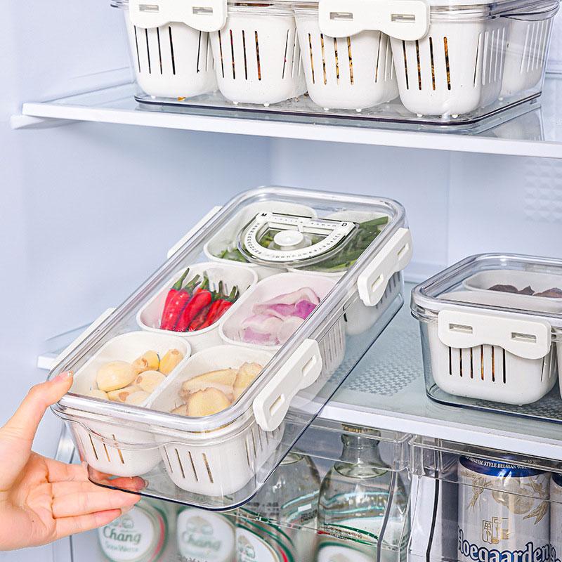 Multifunction Fridge Organizer Storage Box with Draining Baskets, Fridge Storage Boxes Containers Transparent PET with Lids