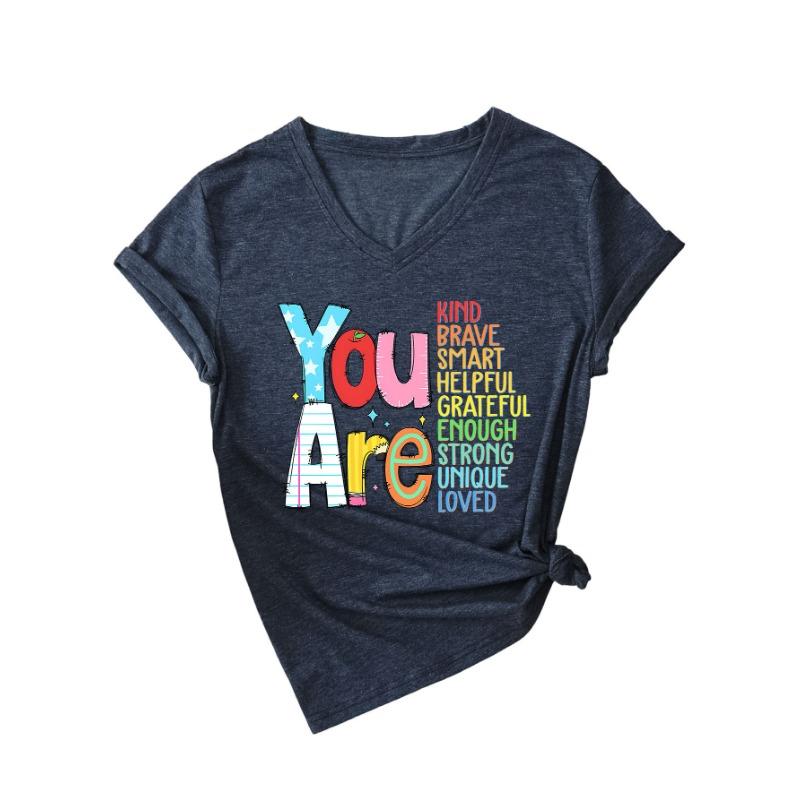 Summer V-neck Inspirational Text Printed Top Fashionable Casual Short Sleeved Women's T-shirts