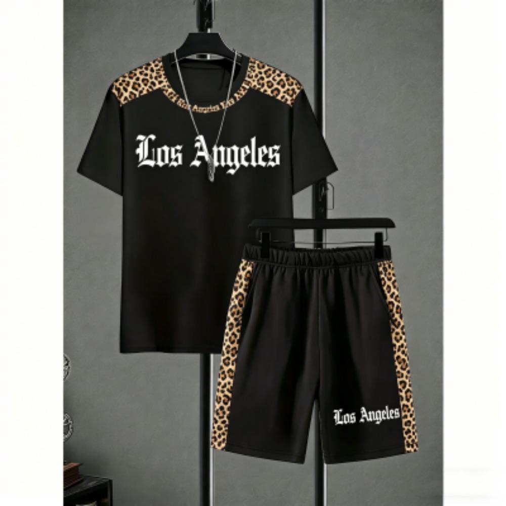 Men's Set Letter Printed Men's T-shirt and Shorts 2 Piece Set Summer Casual Outdoor Men's and Women's Outfit Clothing