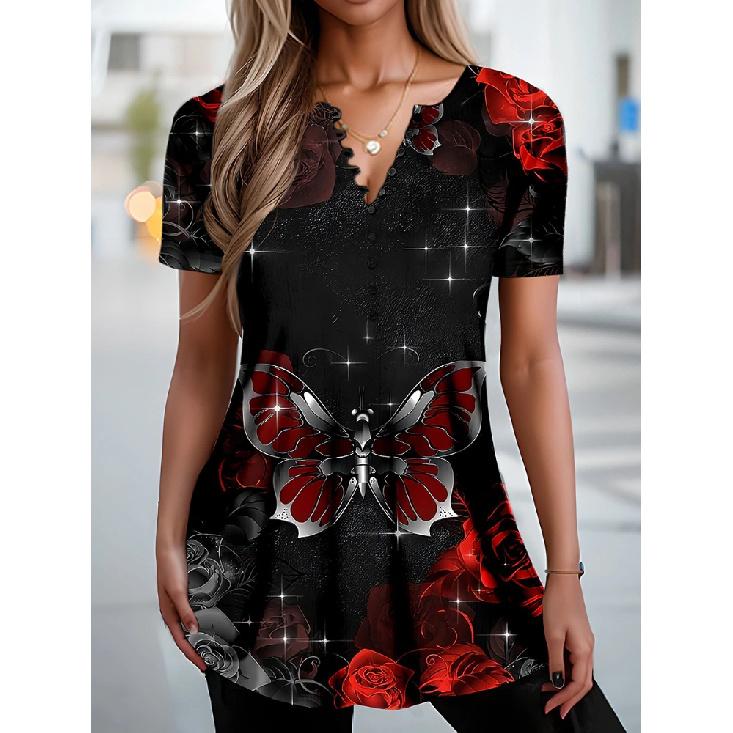 Simple Women'S Short Sleeve 3D Flower Print Clothes Beautiful V Neck Short Sleeve T-Shirt Trendy Fashion Women'S Streetwear