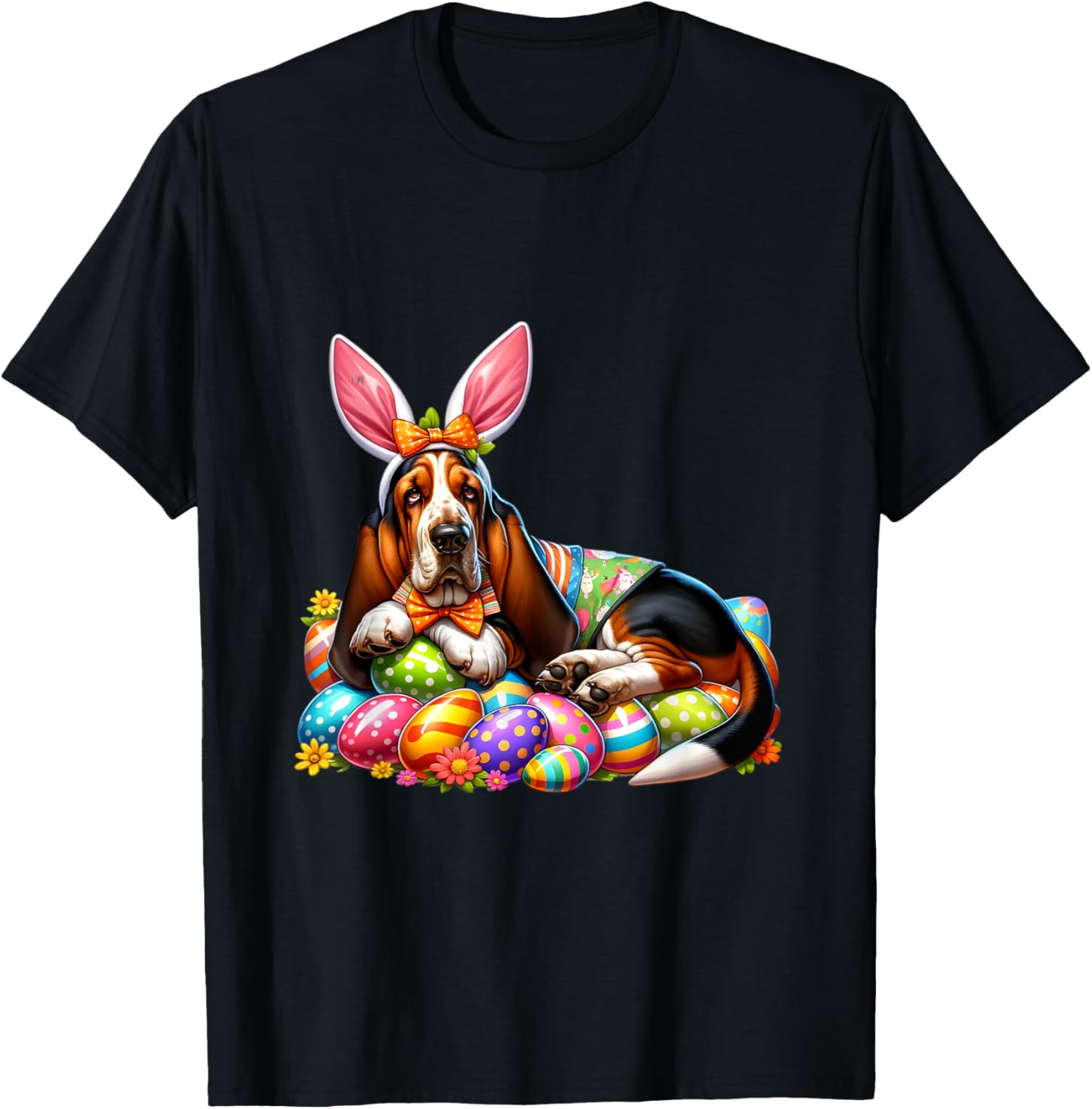 

Basset Hound Bunny Easter Eggs Graphic Tee Men Casual Cotton Breathable Short Sleeve Trip T-Shirt 4XL