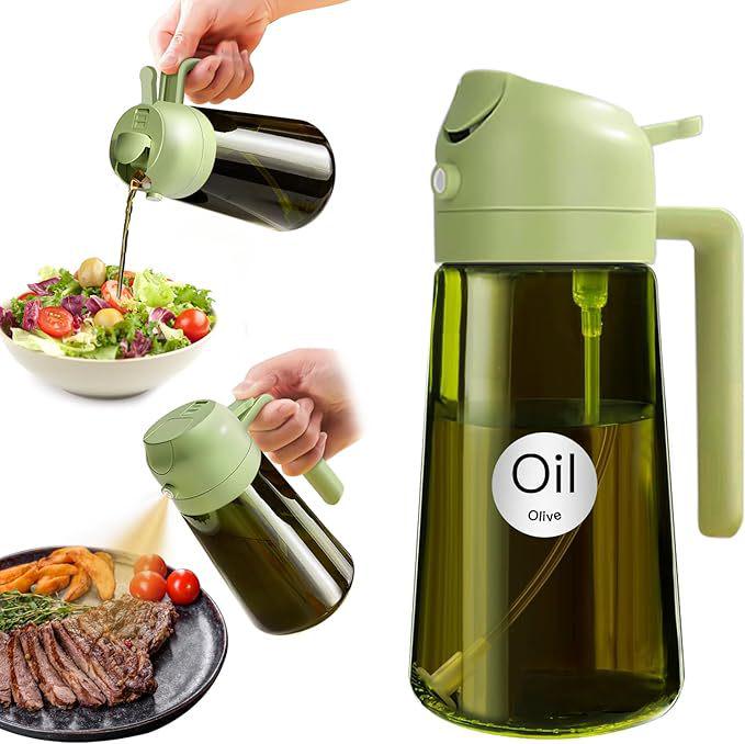 470ml Green Dual-Function Oil Dispenser: Large Capacity Glass Spray and Pour Bottle for Olive Oil