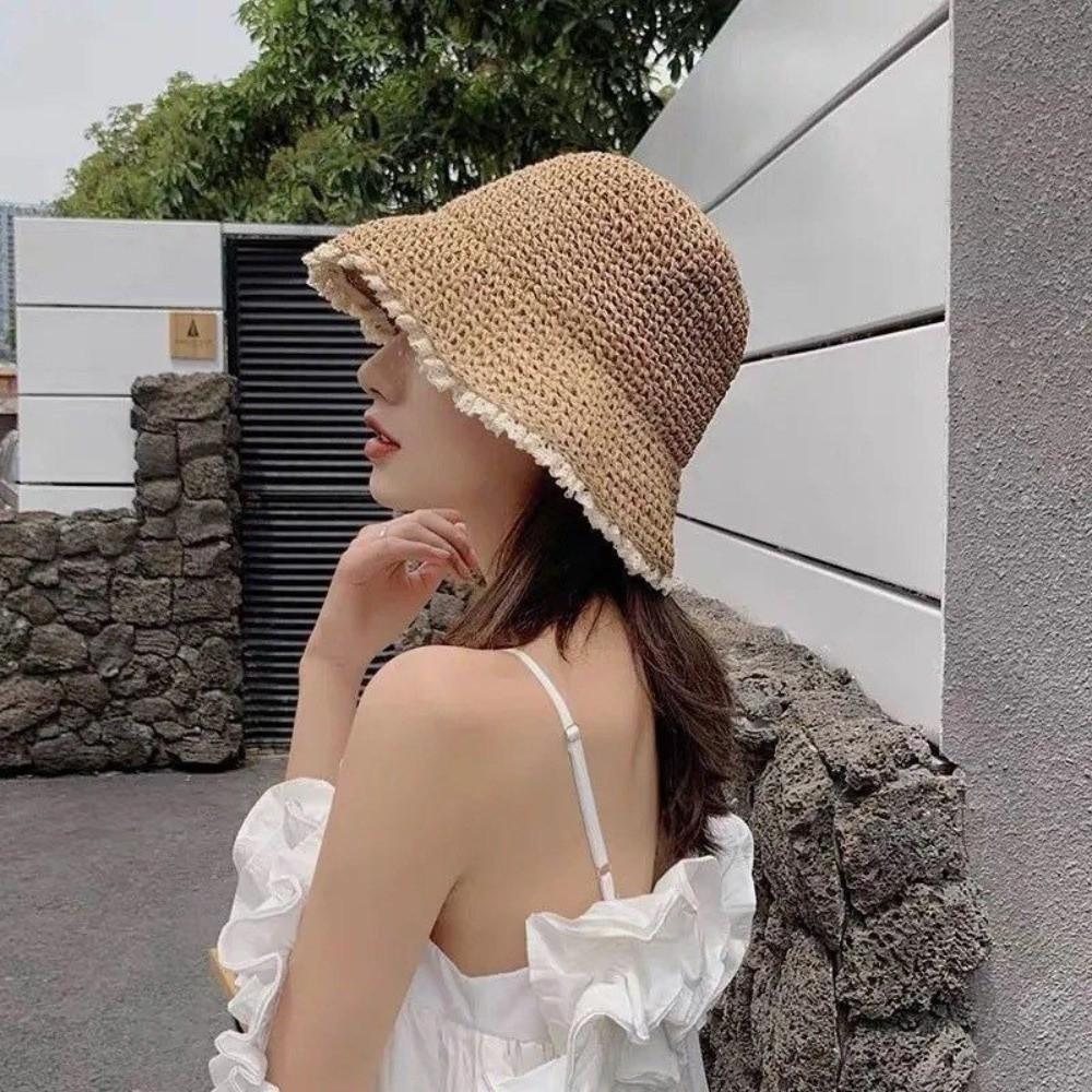 Fashion Foldable Summer Sun Hat Hollow Sun Protection Straw Hat Lace Trim Bucket Hats Travel