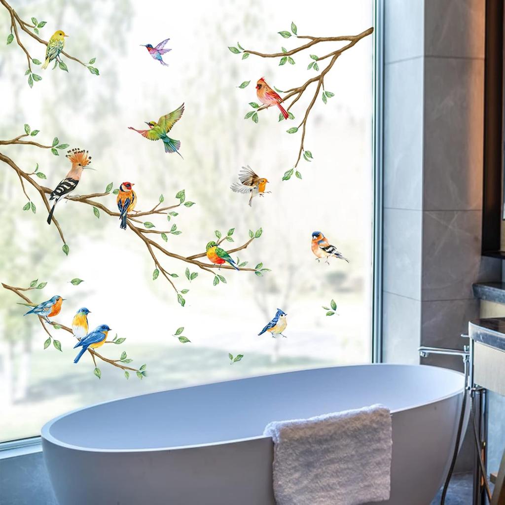 Decalmile Tree Branch Double Sided Hummingbird & Bird Window Clings - Anti-Collision Glass Stickers
