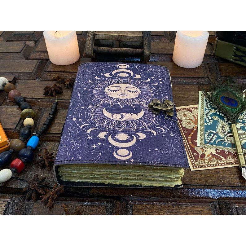 Leather Journal Sun and Moon Phase Notebook spell book of Shadows Grimoire journal Handmade Journal With Deckle Edge Paper Brass C lock