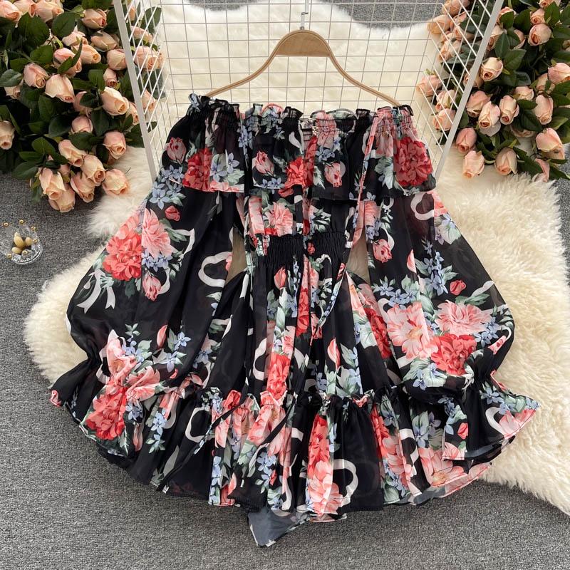 Shirt Dress Pullovers Tops Women Long Sleeves  Loose Beach Vacation Off-the-Shoulder Printed Shirt Tops