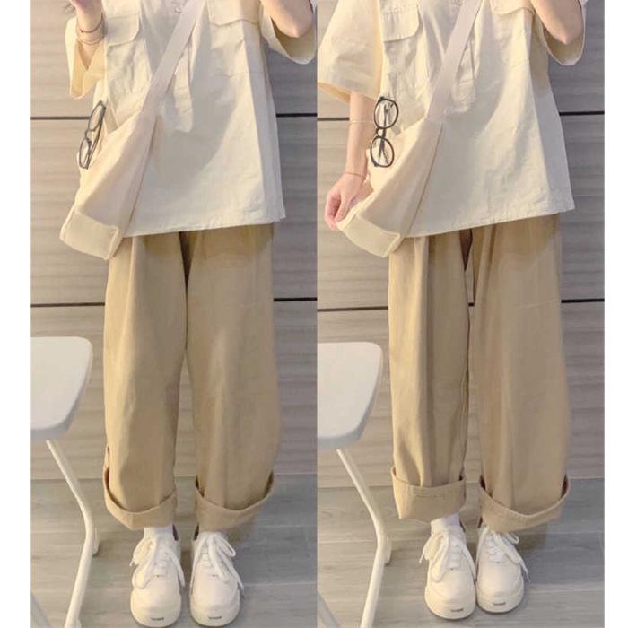 

Women s Japanese Academy Style Polo Shirt & Long Pants Casual Summer Two-Piece Set M