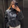 Chaquetas Negras de Cuero Sintético Para Mujer Nueva Llegada Chaqueta Bomber Cropped Oversize Con Cremallera Mangas Largas Abrigos Chaquetas de Motocicleta