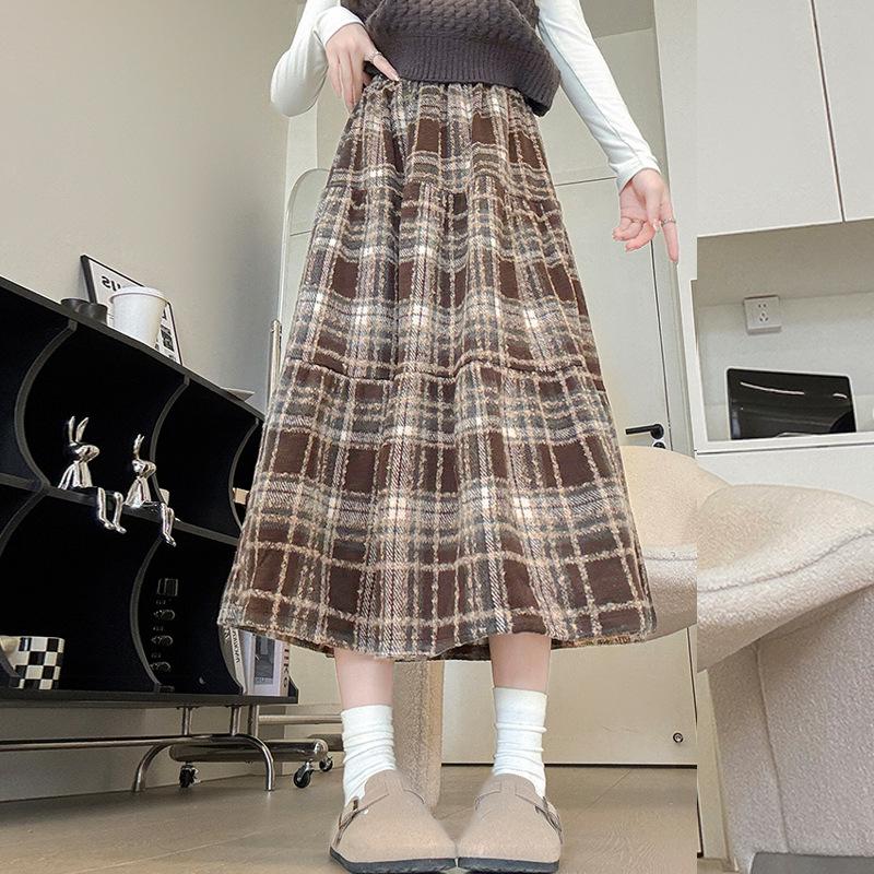 Roter Karorock für Damen im Herbst und Winter Neuer Elastischer Hoher Bund Schlankmachender Puffiger Plissierter Langer Rock Mittellang