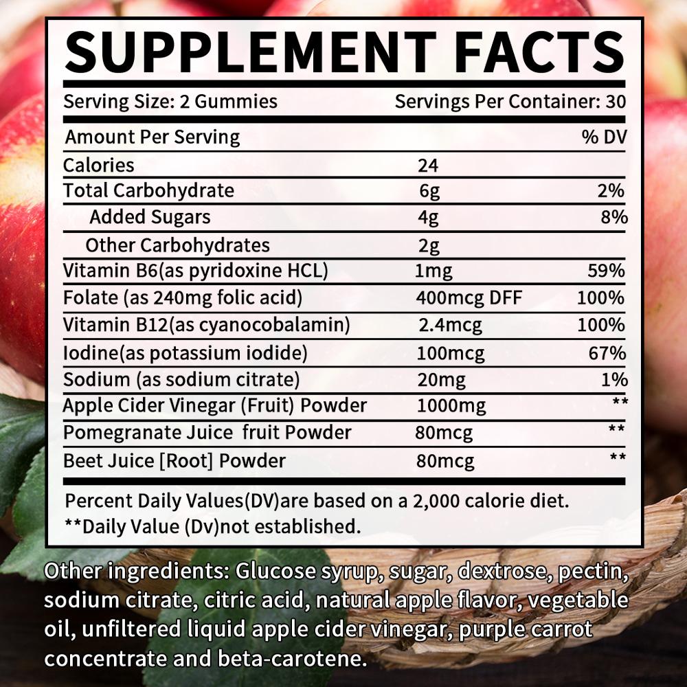 Proszek z octu jabłkowego, witamina B6, kwas foliowy, jod 1000mg 60 sztuk Suplement diety